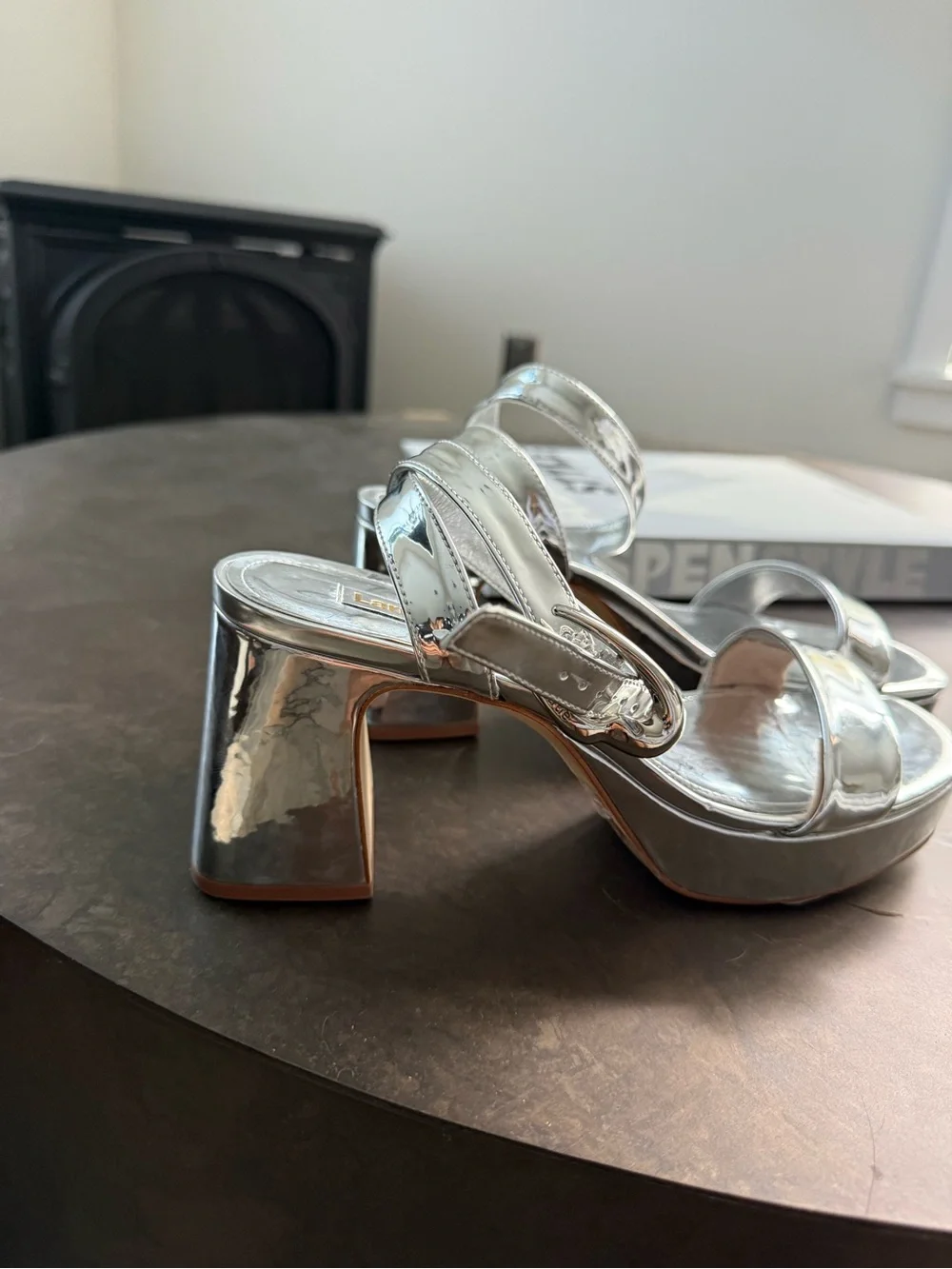 NWT Larroudé Metallic Silver Platform Block Dolly Heel 7.5